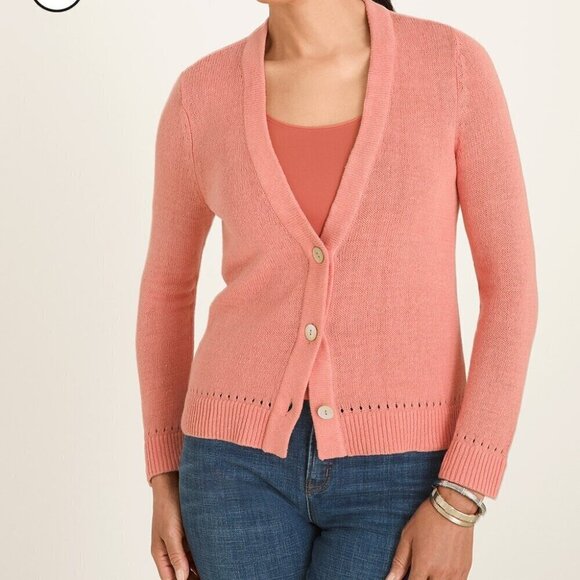 Chico's Pink Linen Cotton Blend Cardigan Natural Fibers Pearly Buttons - Picture 1 of 10